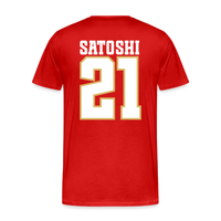 Load image into Gallery viewer, back view of red bitcoin hockey t-shirt with bold white and gold number 21 and satoshi nameplate
