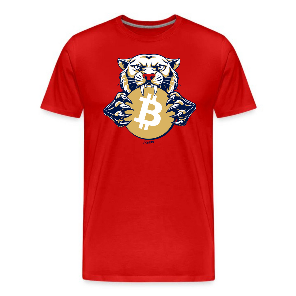 red bitcoin hockey t-shirt with fierce panther design gripping gold crypto coin