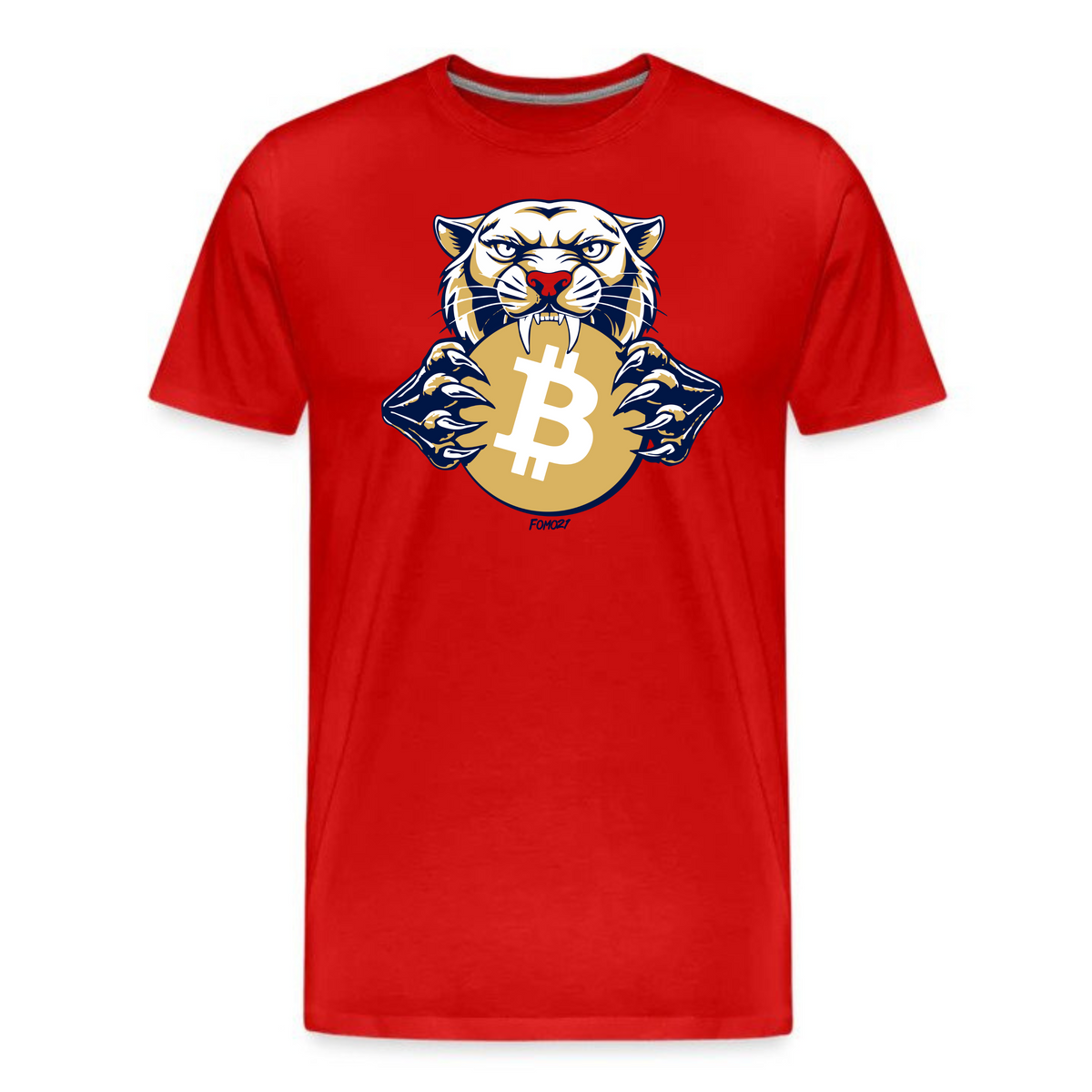 red bitcoin hockey t-shirt with fierce panther design gripping gold crypto coin