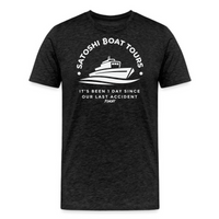 Load image into Gallery viewer, Dark grey heather Satoshi Boat Tour Bitcoin t-shirt with white yacht graphic and humorous text
