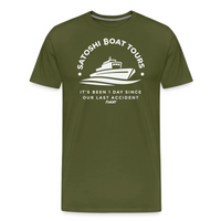 Load image into Gallery viewer, Olive green t-shirt with crisp white &quot;Satoshi Boat Tours&quot; design, highlighting a Bitcoin-inspired yacht graphic and cheeky message.
