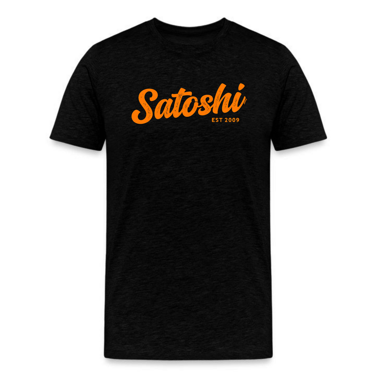 black bitcoin t-shirt with orange "Satoshi EST 2009" text for crypto enthusiasts
