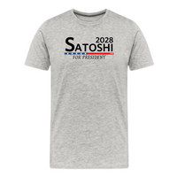 Load image into Gallery viewer, Athletic Heather Satoshi For President 2028 Bitcoin t-shirt with bold political crypto design
