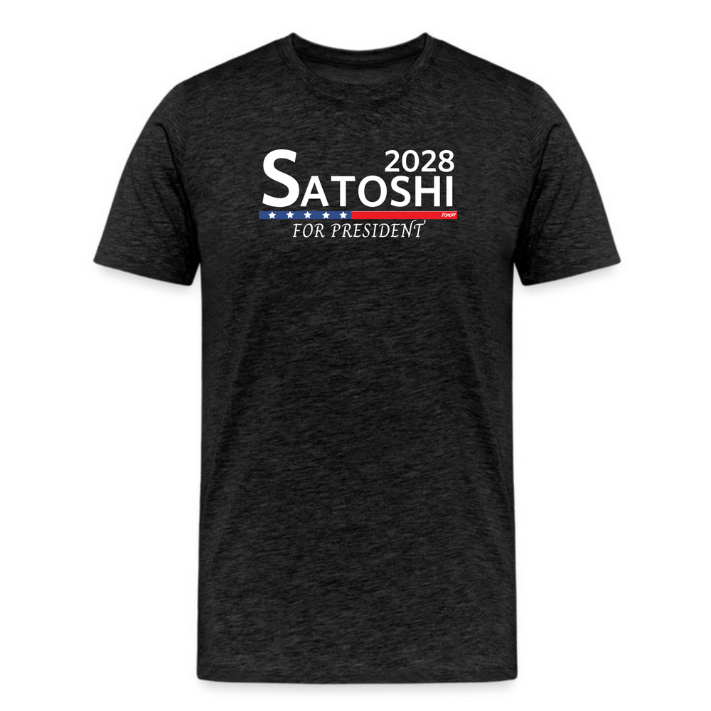 Dark Grey Heather t-shirt with Satoshi For President 2028 Bitcoin slogan and digital style