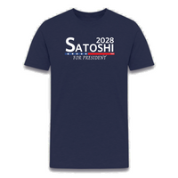 Load image into Gallery viewer, Navy Bitcoin t-shirt with Satoshi For President 2028 print for cryptocurrency supporters
