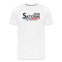 Load image into Gallery viewer, White Satoshi For President 2028 t-shirt featuring futuristic Bitcoin campaign graphic

