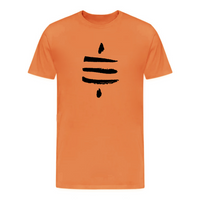 Load image into Gallery viewer, Burnt orange Bitcoin t-shirt with bold black Satoshi Sat symbol in brush stroke design
