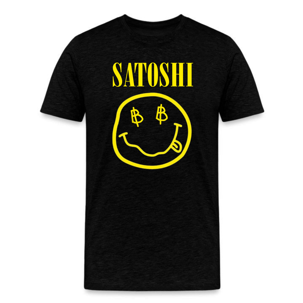 Black Satoshi Smiley Face Bitcoin t-shirt with yellow graphic design, inspired by crypto culture and worn by Jack Dorsey