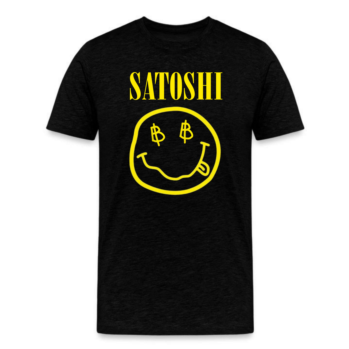 Black Satoshi Smiley Face Bitcoin t-shirt with yellow graphic design, inspired by crypto culture and worn by Jack Dorsey
