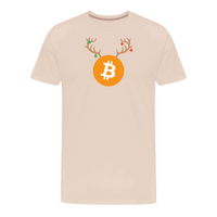 Load image into Gallery viewer, Soft cream Bitcoin Christmas reindeer T-shirt with a holiday-inspired graphic.
