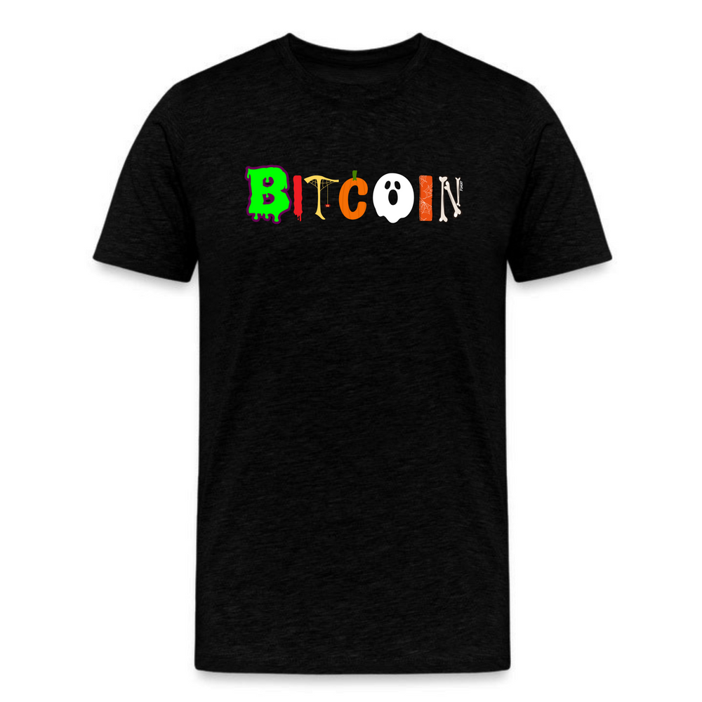 Black spooky Bitcoin Halloween t-shirt with festive horror-themed lettering design