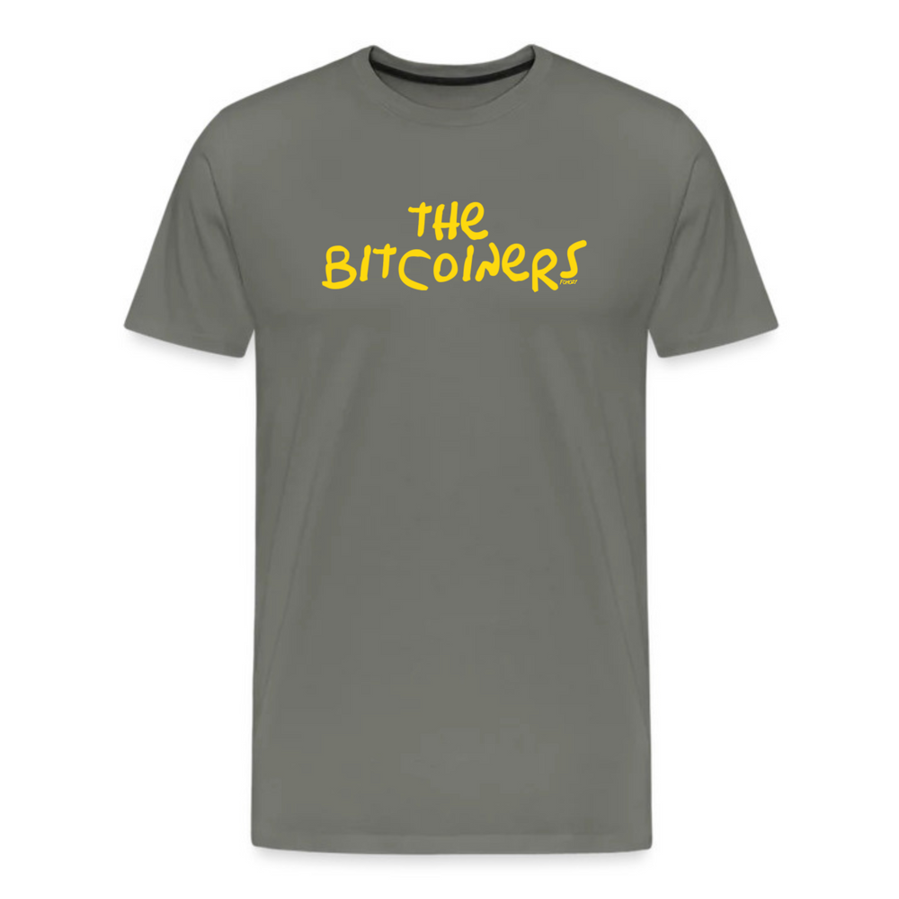 Asphalt gray The Bitcoin Springfield t-shirt featuring bold yellow graphic text