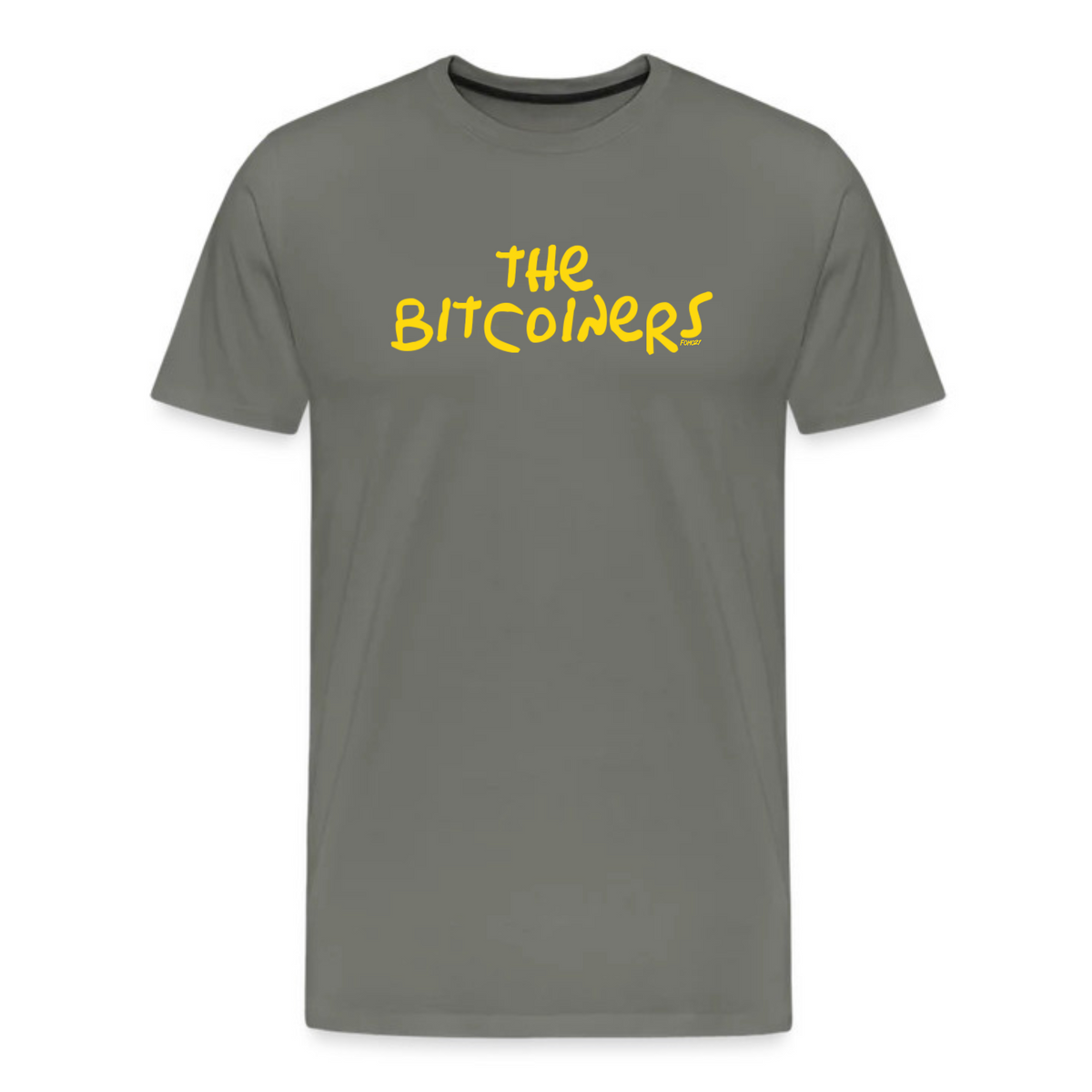Asphalt gray The Bitcoin Springfield t-shirt featuring bold yellow graphic text
