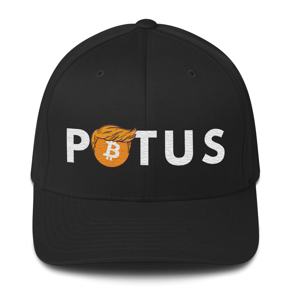 Trump 2024 Bitcoin POTUS Flexfit hat with orange hair Bitcoin symbol logo, black