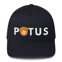 Load image into Gallery viewer, Trump 2024 Bitcoin POTUS Flexfit hat with orange hair Bitcoin symbol logo, dark navy
