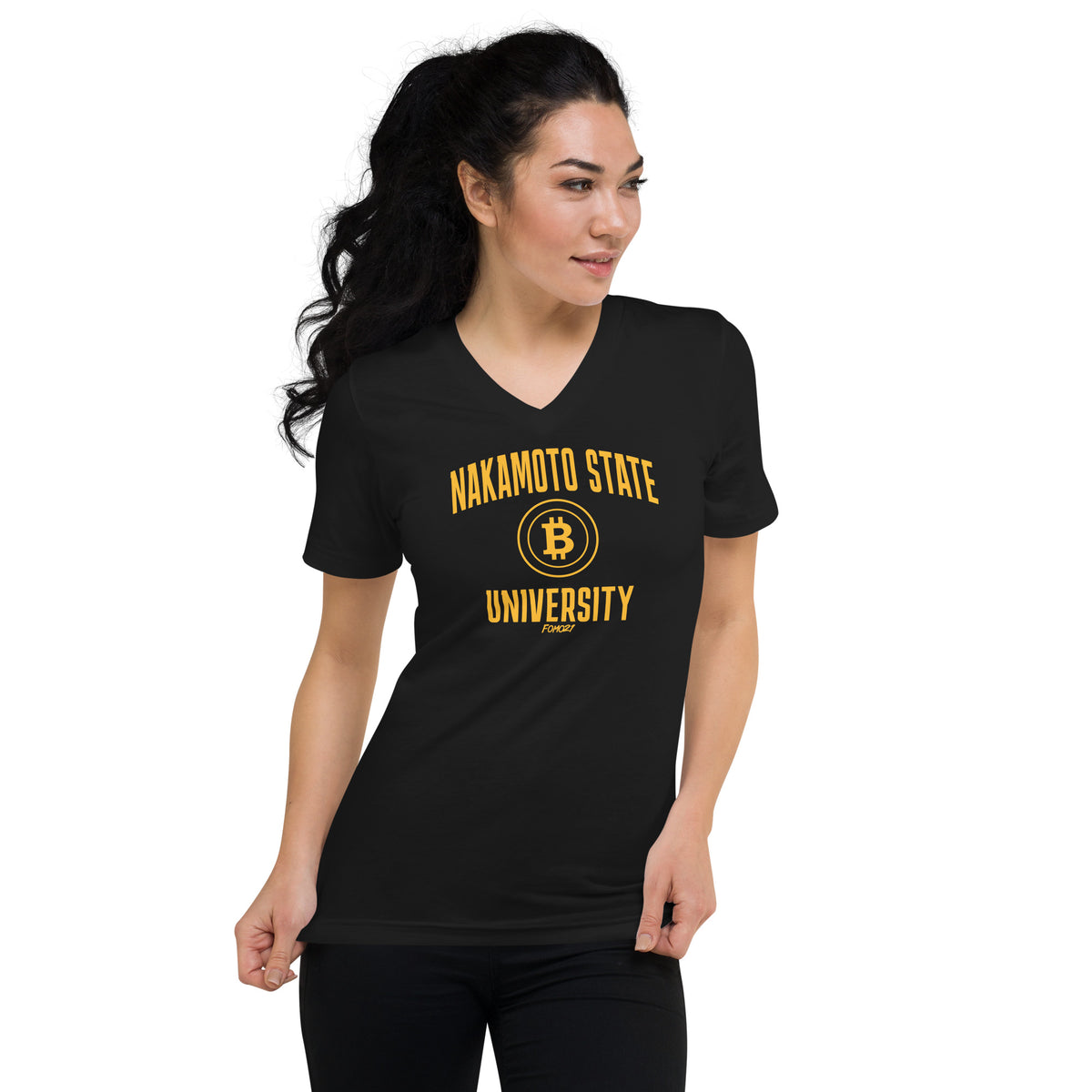 Nakamoto State University (Yellow) Bitcoin Women's V-Neck T-Shirt - fomo21