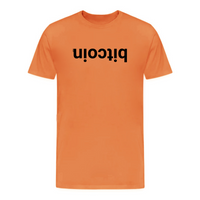 Load image into Gallery viewer, Burnt orange t-shirt featuring upside down Bitcoin logo print in black on chest
