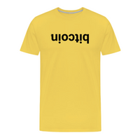 Load image into Gallery viewer, Yellow cotton t-shirt with upside down black Bitcoin text graphic on front

