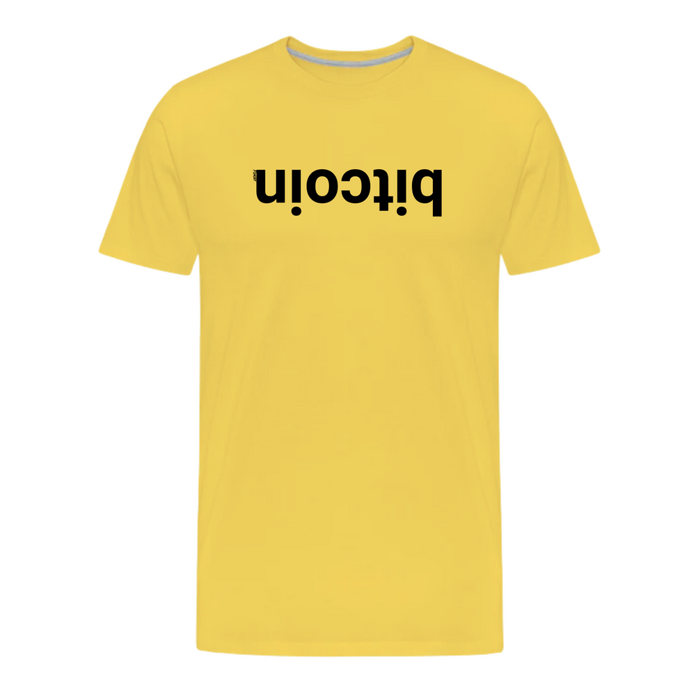 Yellow cotton t-shirt with upside down black Bitcoin text graphic on front