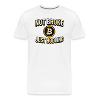Load image into Gallery viewer, White Bitcoin t-shirt featuring &quot;Not Broke Just Hodling&quot; message and black-and-gold crypto icon for blockchain supporters
