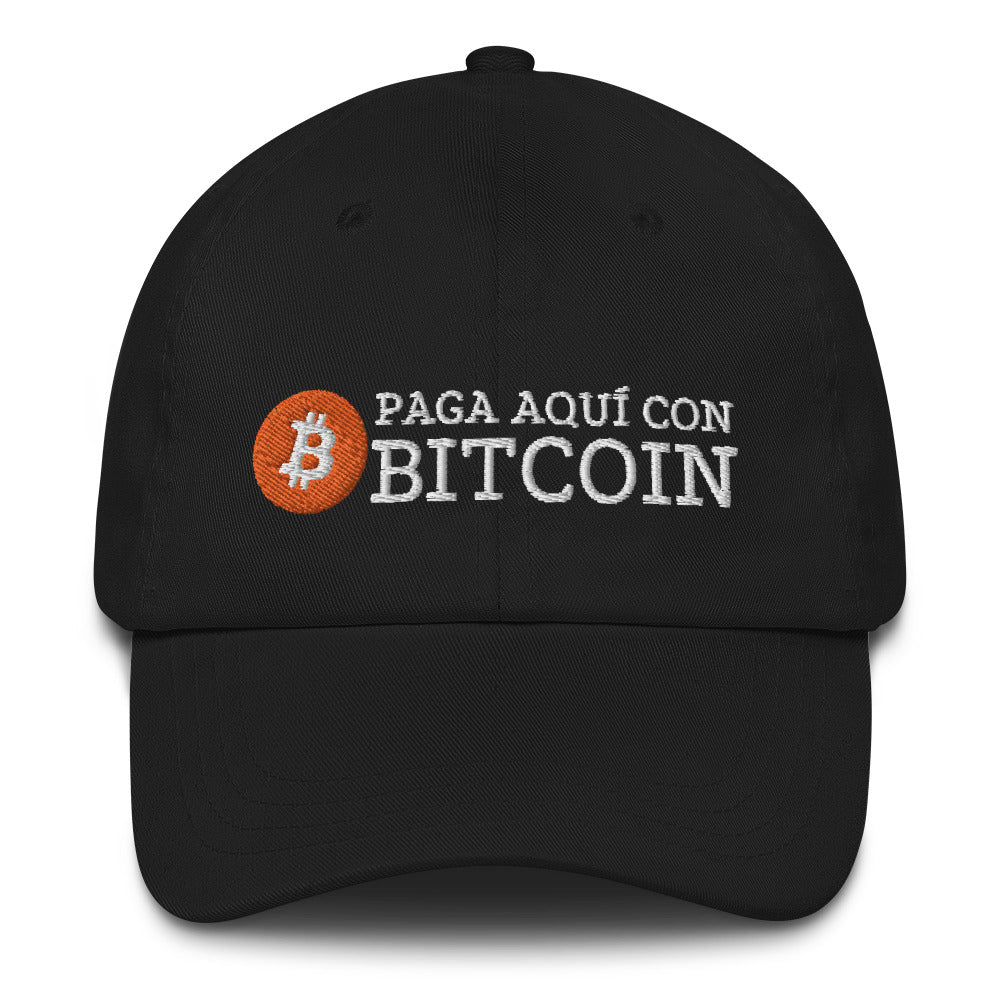 Paga Aquí Con Bitcoin (Letras Blancas) Español Dad Hat | fomo21