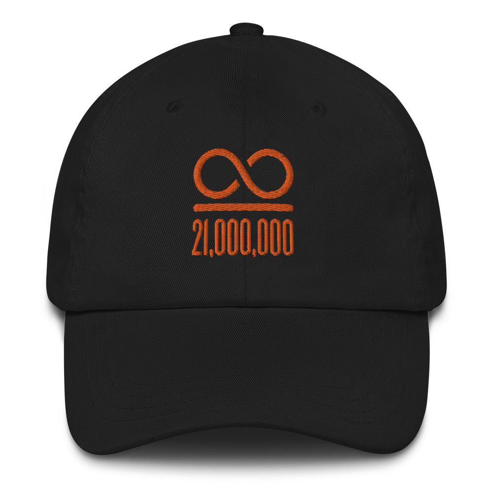 Infinity/21,000,000 (Orange Lettering) Bitcoin Dad Hat - fomo21