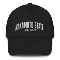 Load image into Gallery viewer, Nakamoto State Est. 2009 (White Embroidery) Bitcoin Dad Hat - fomo21
