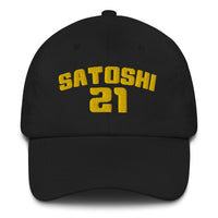 Load image into Gallery viewer, Satoshi 21 (Gold Embroidery) Bitcoin Dad Hat - fomo21
