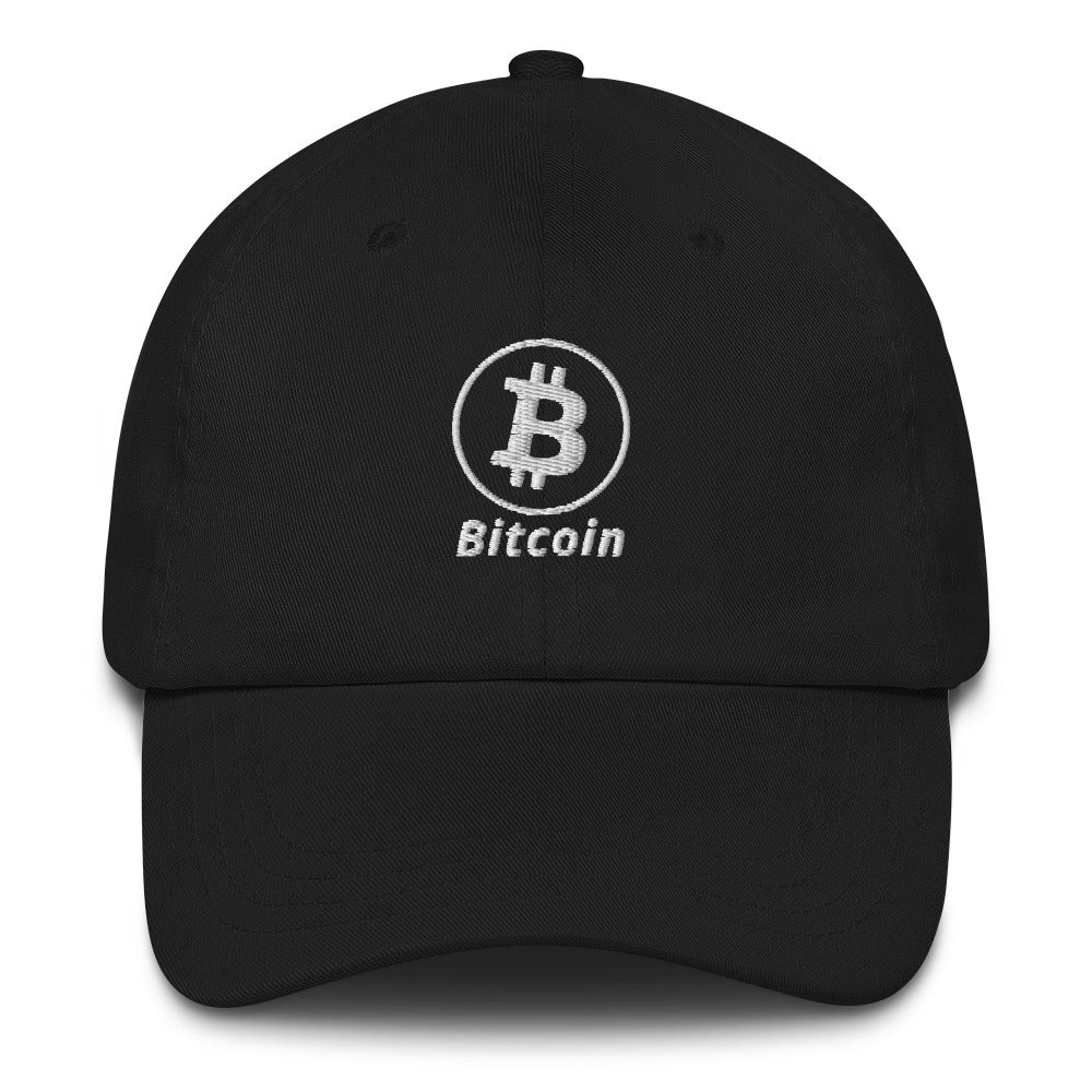 Bitcoin B Circle Logo With Text (White Embroidery) Dad Hat - fomo21