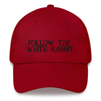Load image into Gallery viewer, Follow The White Rabbit Black Embroidered Bitcoin Dad Hat - fomo21
