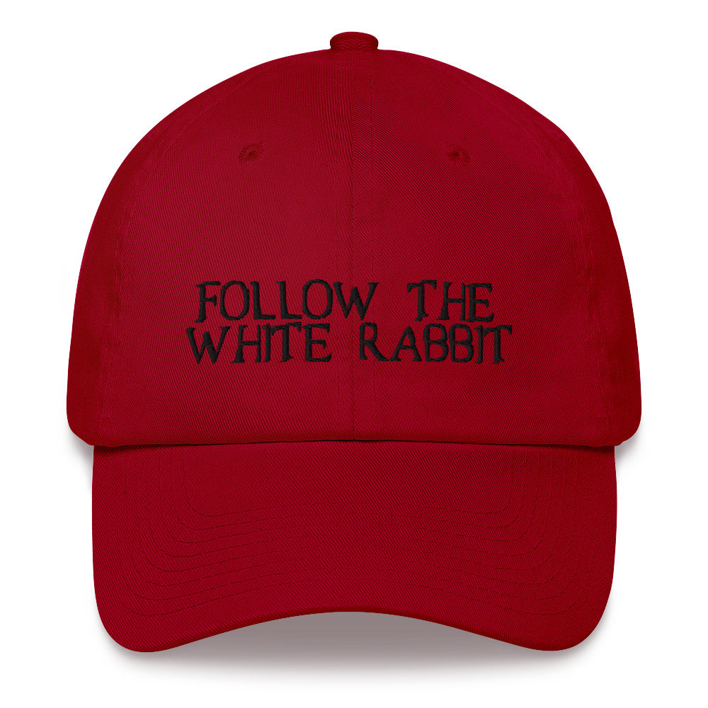 Follow The White Rabbit Black Embroidered Bitcoin Dad Hat - fomo21