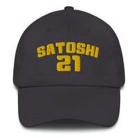 Load image into Gallery viewer, Satoshi 21 (Gold Embroidery) Bitcoin Dad Hat - fomo21
