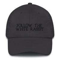 Load image into Gallery viewer, Follow The White Rabbit Black Embroidered Bitcoin Dad Hat - fomo21
