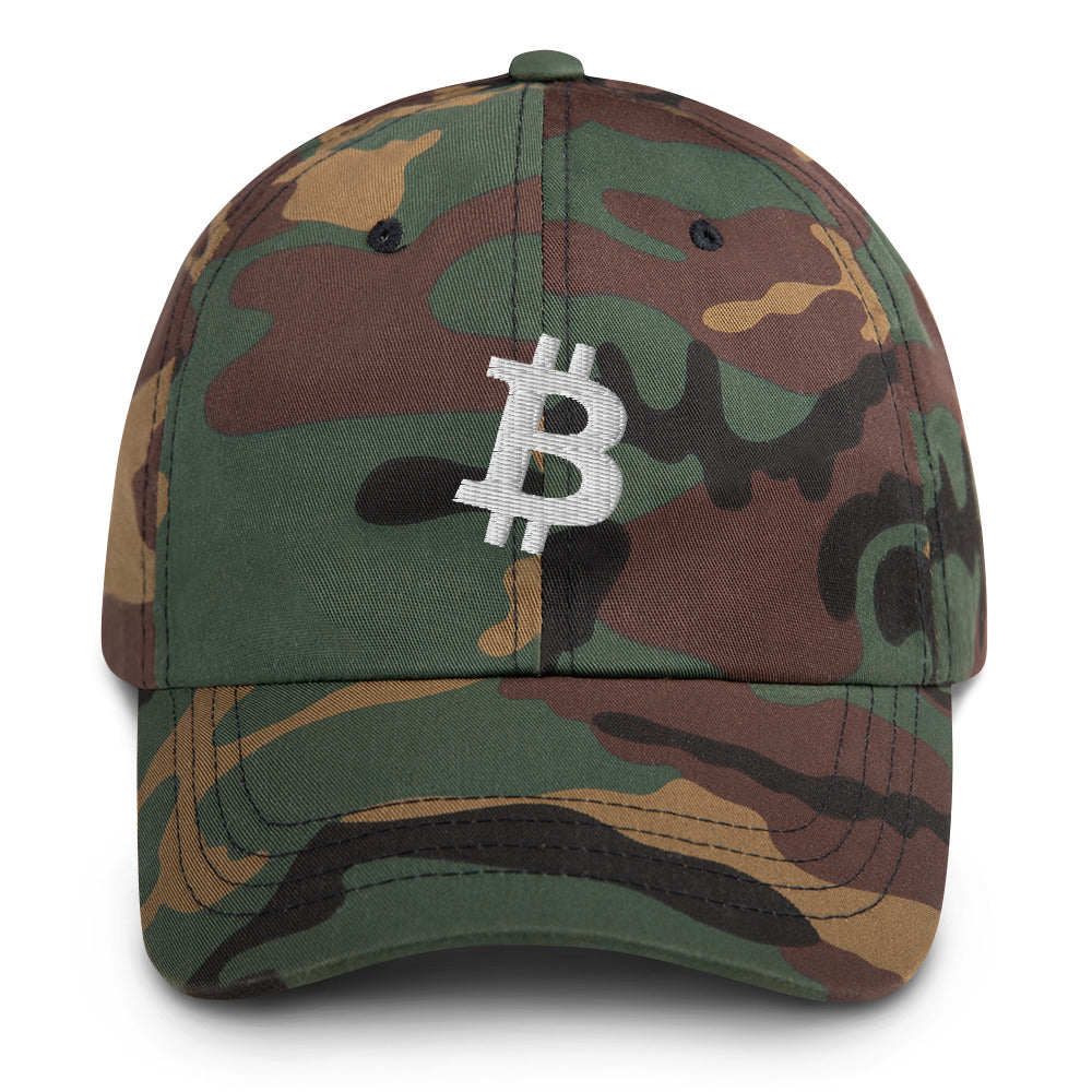 Bitcoin B Angled (White Embroidery) Camo Dad Hat - fomo21