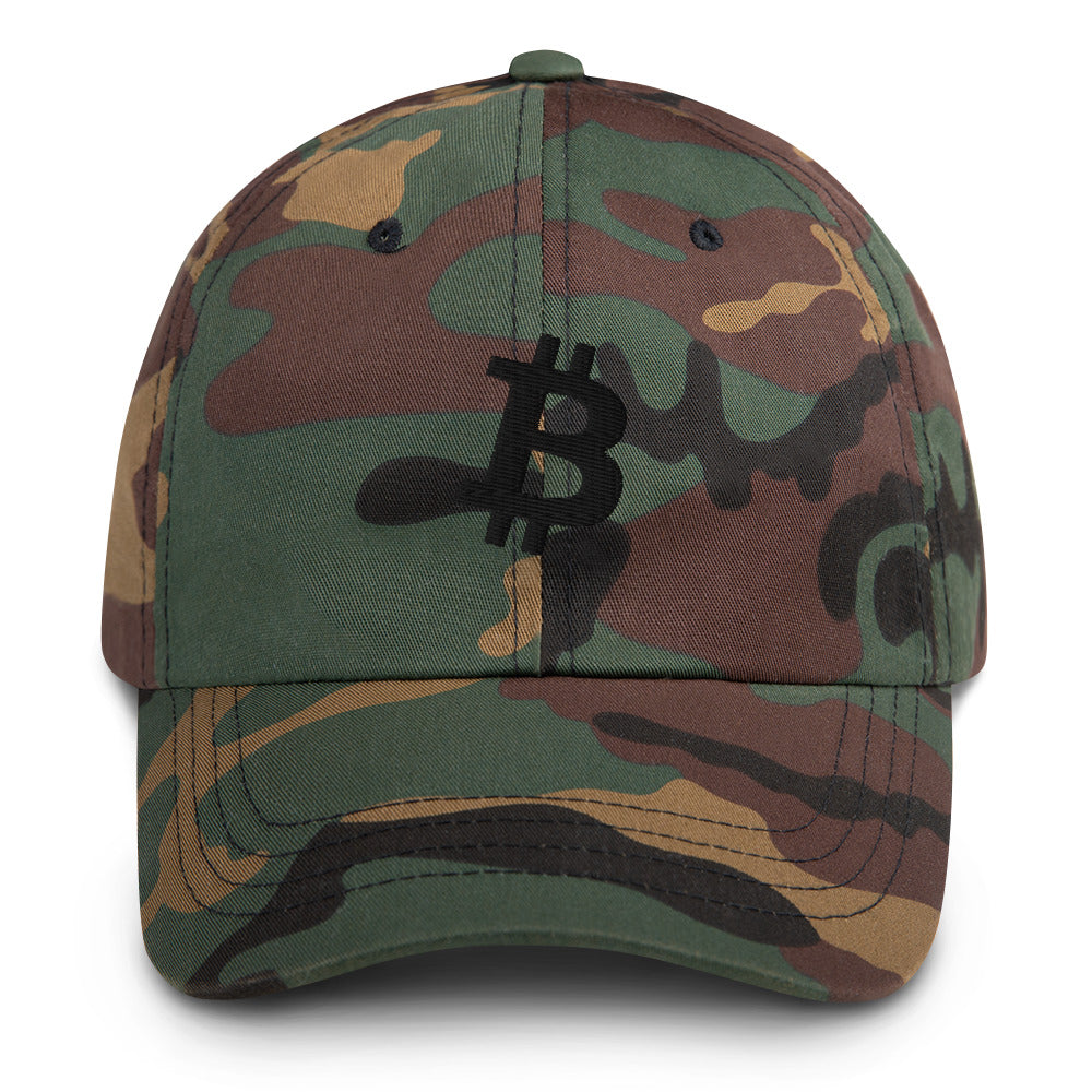 Bitcoin B Angled (Black Embroidery) Camo Dad Hat - fomo21