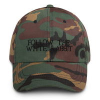 Load image into Gallery viewer, Follow The White Rabbit Black Embroidered Bitcoin Dad Hat - fomo21
