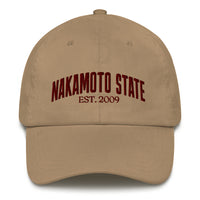 Load image into Gallery viewer, Nakamoto State Est. 2009 (Maroon Embroidery) Bitcoin Dad Hat - fomo21
