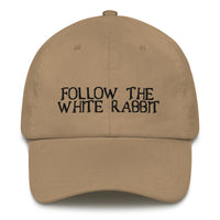 Load image into Gallery viewer, Follow The White Rabbit Black Embroidered Bitcoin Dad Hat - fomo21
