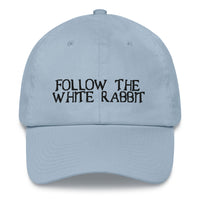 Load image into Gallery viewer, Follow The White Rabbit Black Embroidered Bitcoin Dad Hat - fomo21

