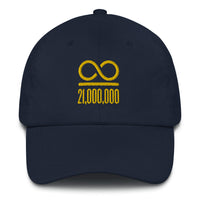 Load image into Gallery viewer, Infinity/21,000,000 (Gold Lettering) Bitcoin Dad Hat - fomo21
