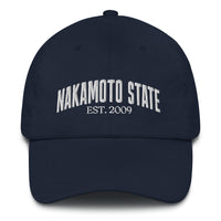 Load image into Gallery viewer, Nakamoto State Est. 2009 (White Embroidery) Bitcoin Dad Hat - fomo21
