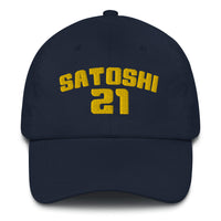 Load image into Gallery viewer, Satoshi 21 (Gold Embroidery) Bitcoin Dad Hat - fomo21
