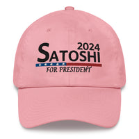 Load image into Gallery viewer, Satoshi For President 2024 (Black Lettering) Bitcoin Dad Hat - fomo21
