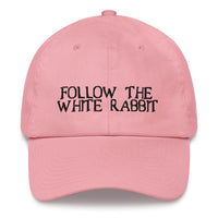 Load image into Gallery viewer, Follow The White Rabbit Black Embroidered Bitcoin Dad Hat - fomo21
