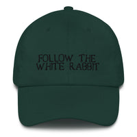 Load image into Gallery viewer, Follow The White Rabbit Black Embroidered Bitcoin Dad Hat - fomo21
