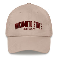 Load image into Gallery viewer, Nakamoto State Est. 2009 (Maroon Embroidery) Bitcoin Dad Hat - fomo21
