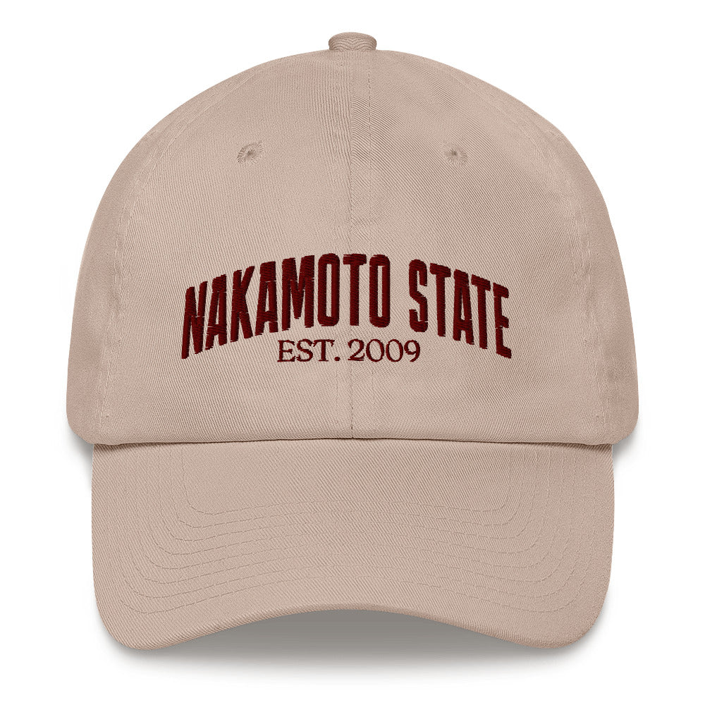 Nakamoto State Est. 2009 (Maroon Embroidery) Bitcoin Dad Hat - fomo21