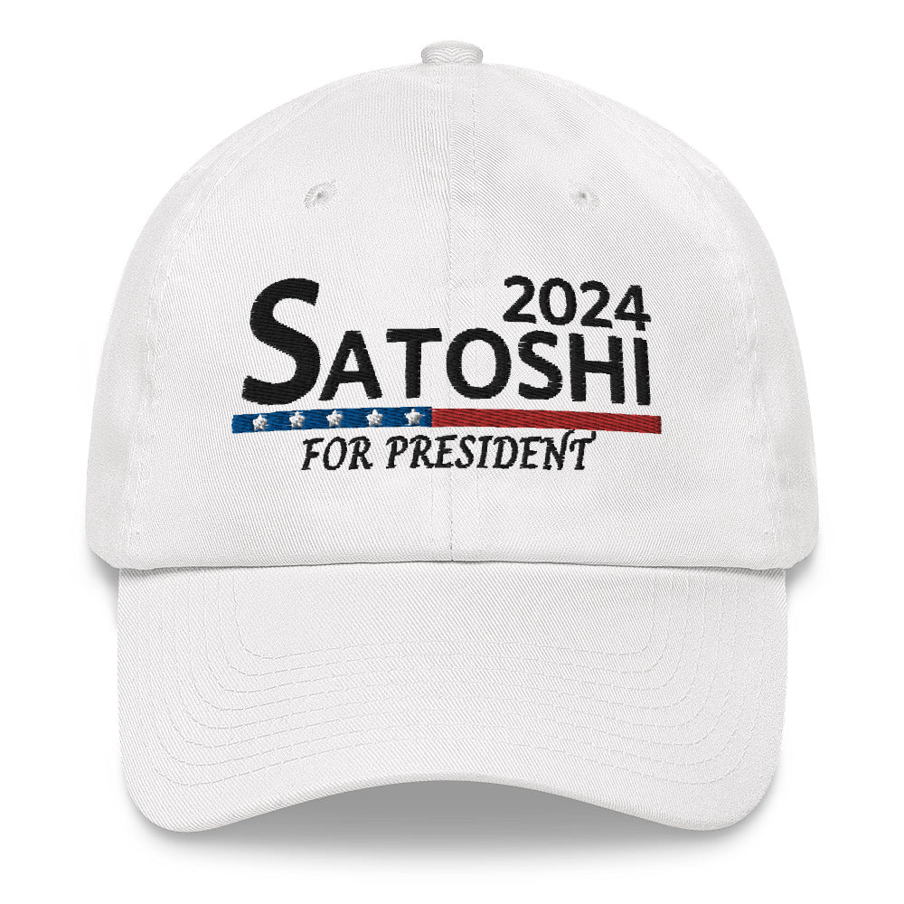 Satoshi For President 2024 (Black Lettering) Bitcoin Dad Hat - fomo21