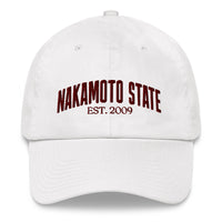 Load image into Gallery viewer, Nakamoto State Est. 2009 (Maroon Embroidery) Bitcoin Dad Hat - fomo21
