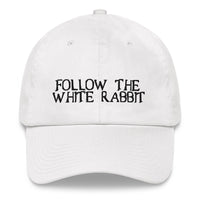 Load image into Gallery viewer, Follow The White Rabbit Black Embroidered Bitcoin Dad Hat - fomo21
